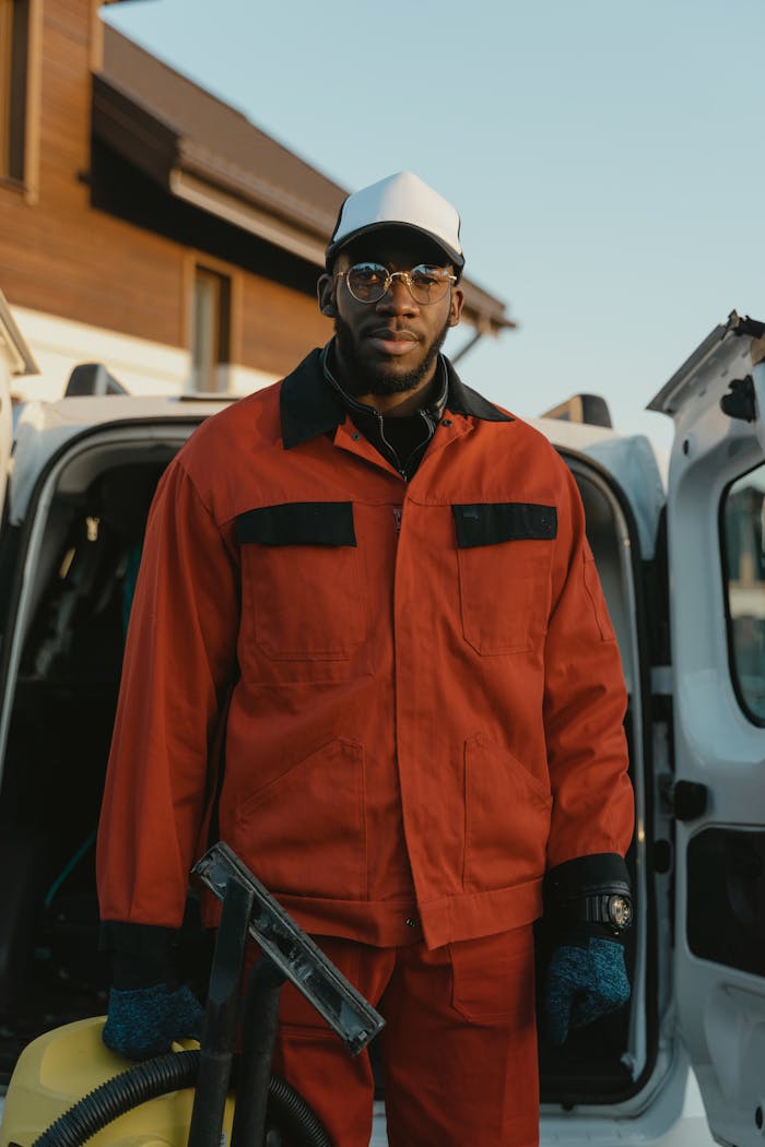 Man in red uniform standing by a vehicle, representing professional cleaning services.